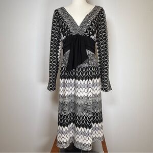 Adrianna Papell Black Gray Metallic Knit V-Neck Long Sleeve Dress Womens Size 12